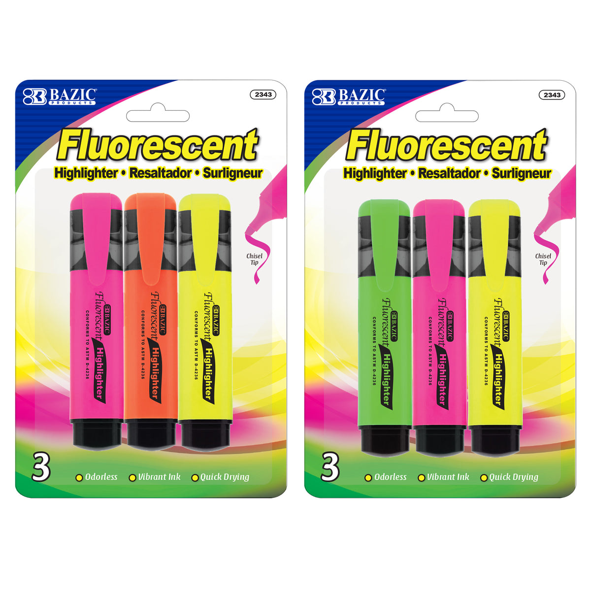 BAZIC Highlighters, Assorted, Chisel Tip, Pocket Clip, 3 highlighters