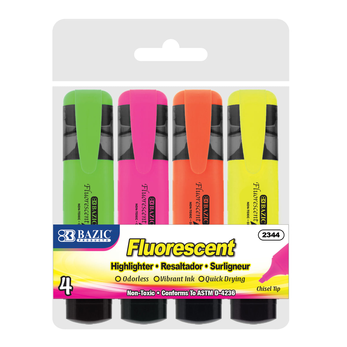 BAZIC Highlighters, Assorted, Chisel Tip, Pocket Clip, 4 highlighters