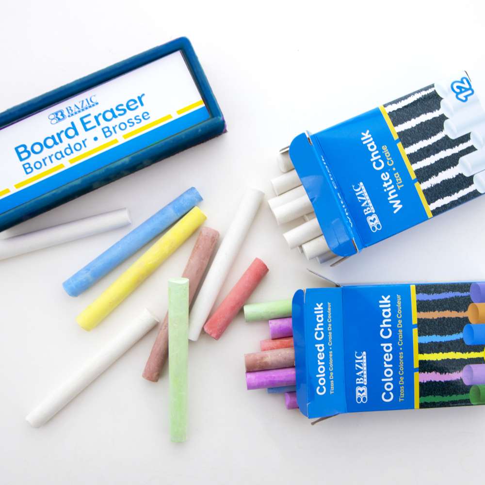 BAZIC 12 Color & 12 White Chalk w/ Eraser Set Bazic Products