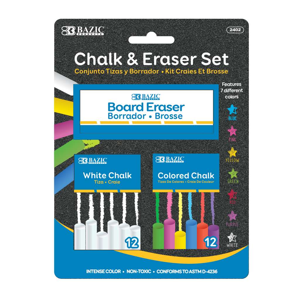Bazic 12 Color & 12 White Chalk W Eraser Set