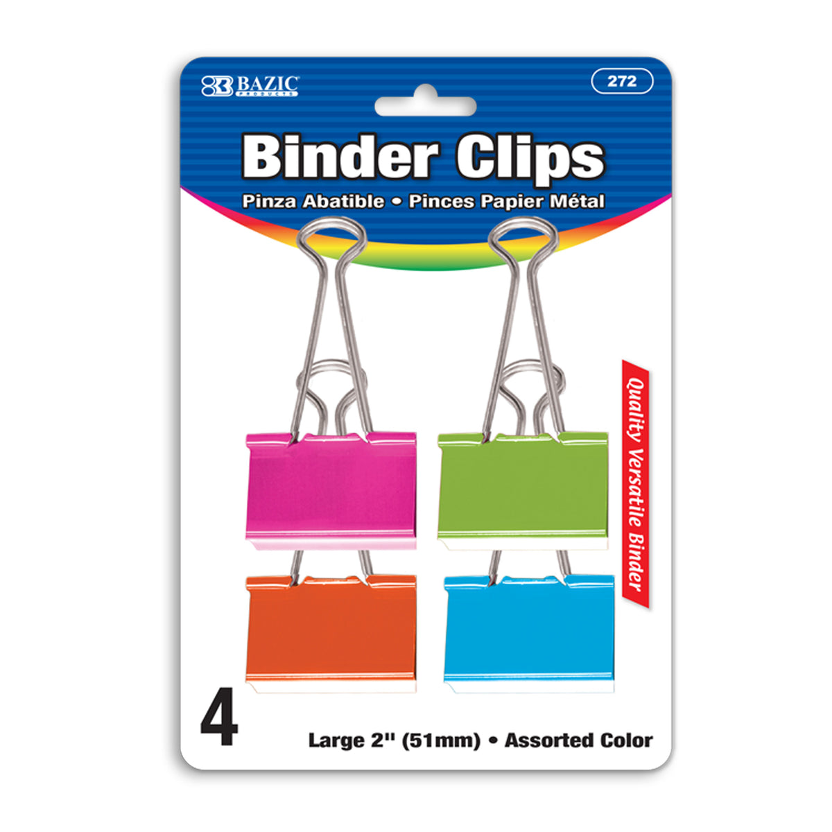 BAZIC Large Binder Clips, Assorted Colors, 2 in (51 mm)