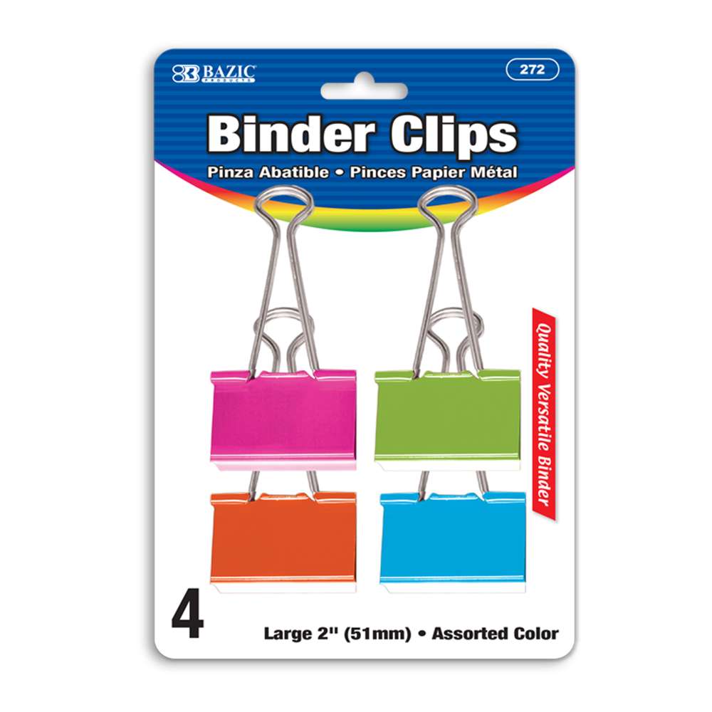 Large 2" (51mm) Assorted Color Binder Clip (4/Pack)