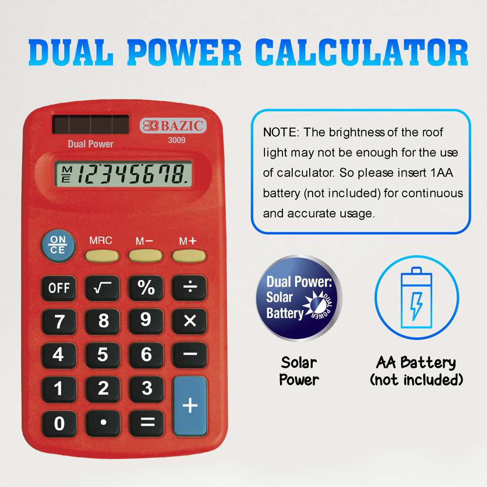 8-Digit　Pocket　Power　BAZIC　Size　Dual　Calculator　Bazicstore