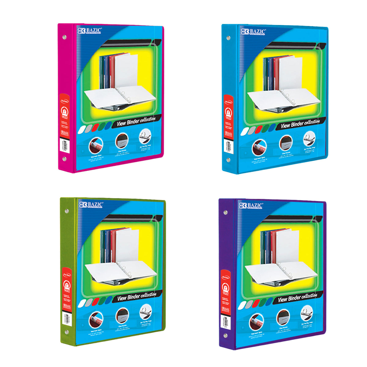 BAZIC 1 in Assorted Neon Color 3-Ring View Binder, 2 Pockets