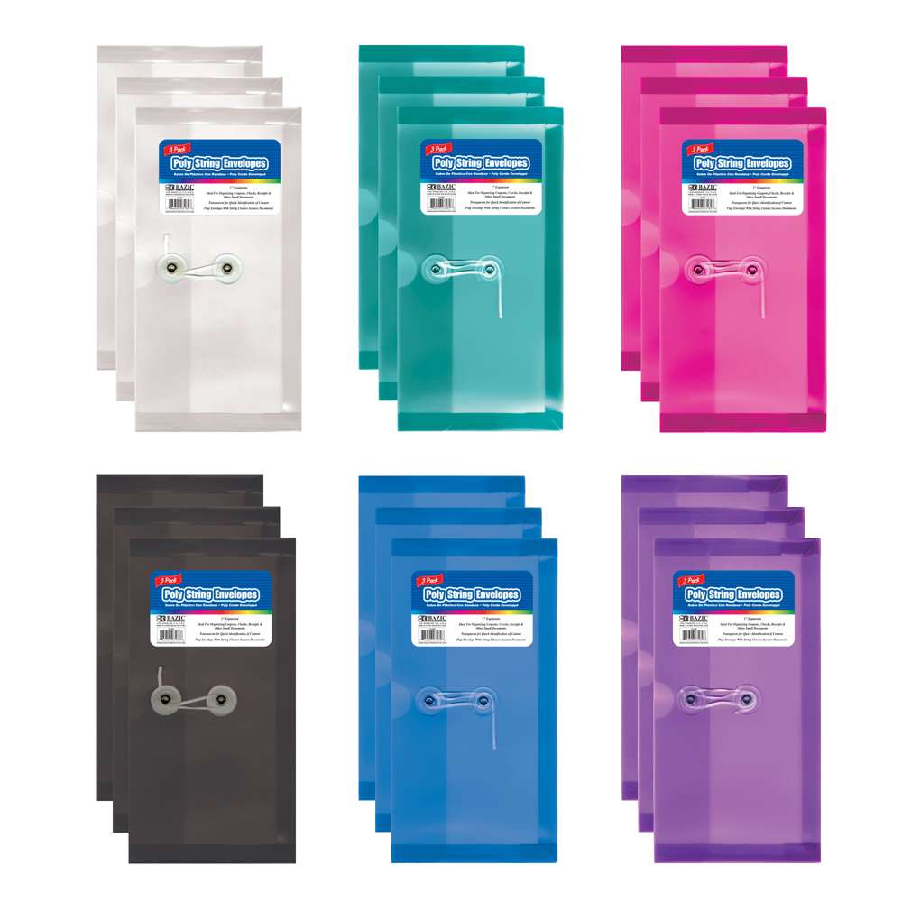 BAZIC #10 Poly String Envelope, Assorted, 3-Pack