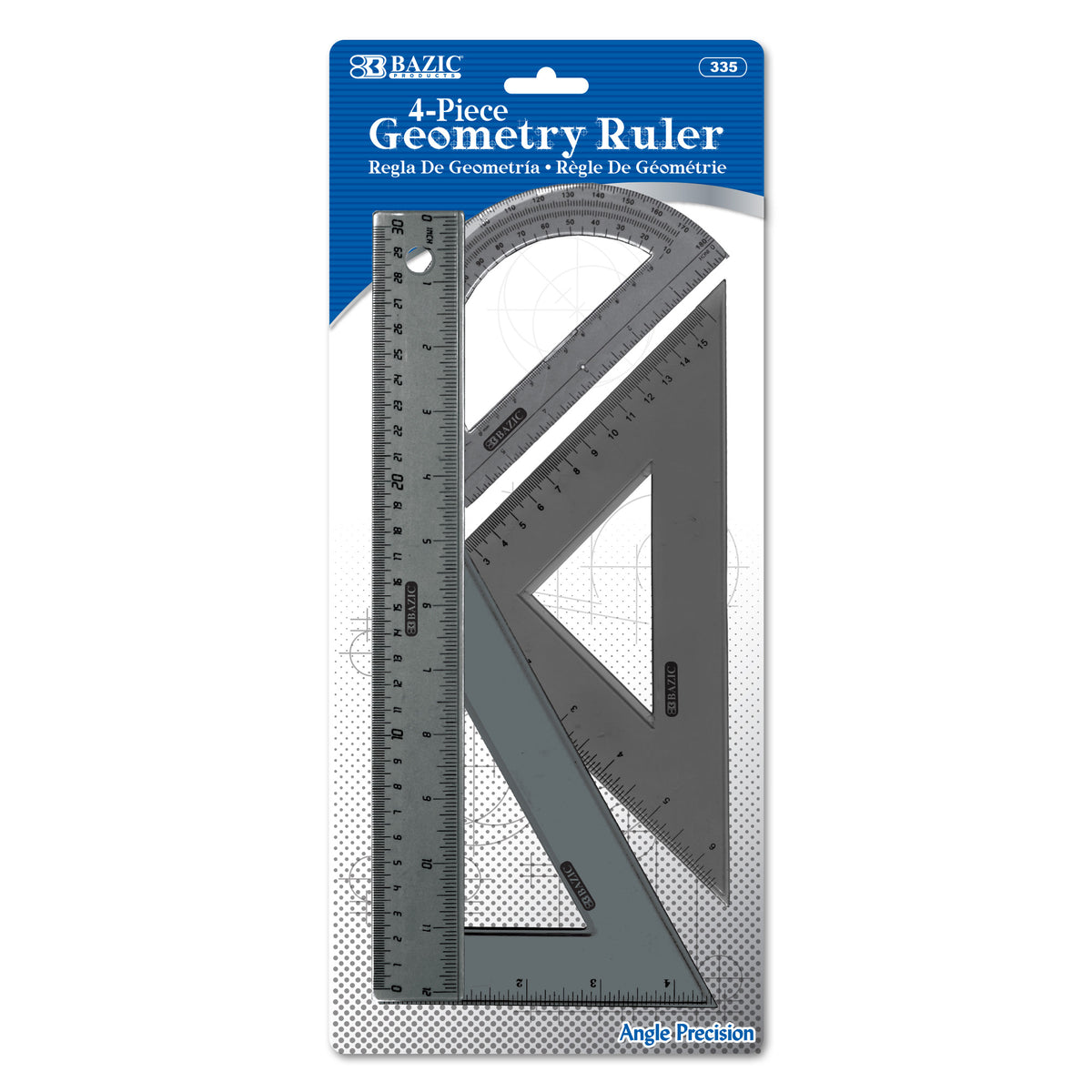 BAZIC 4-Piece Geometry Set, Ruler, Triangles and Protractor