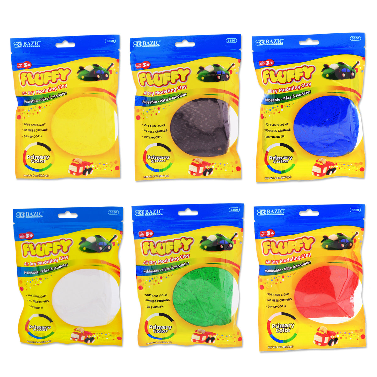 BAZIC Primary Color Air Dry Modeling Clay, 6 Colors, 2 oz
