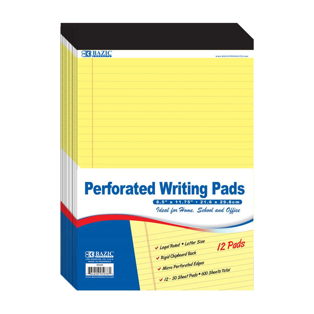 BAZIC Canary Writing Pads, 8.5 x 11.75 in, 50 Sheets, 12 Pads