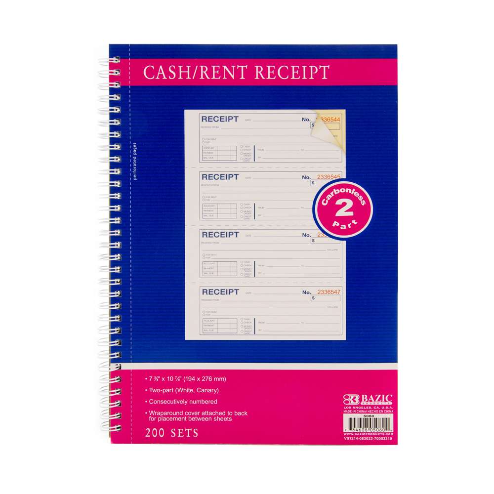 2-Part Carbonless Spiral Bound Cash or Rent Receipt Book