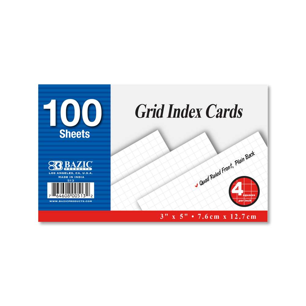 Quad Ruled 4-1" White Index Card 3" X 5" 100 Ct.