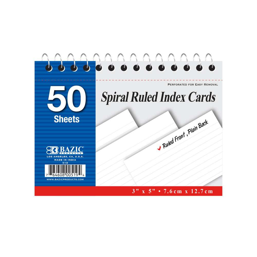 Ruled White Index Card Spiral Bound 3" X 5" 50 Ct.