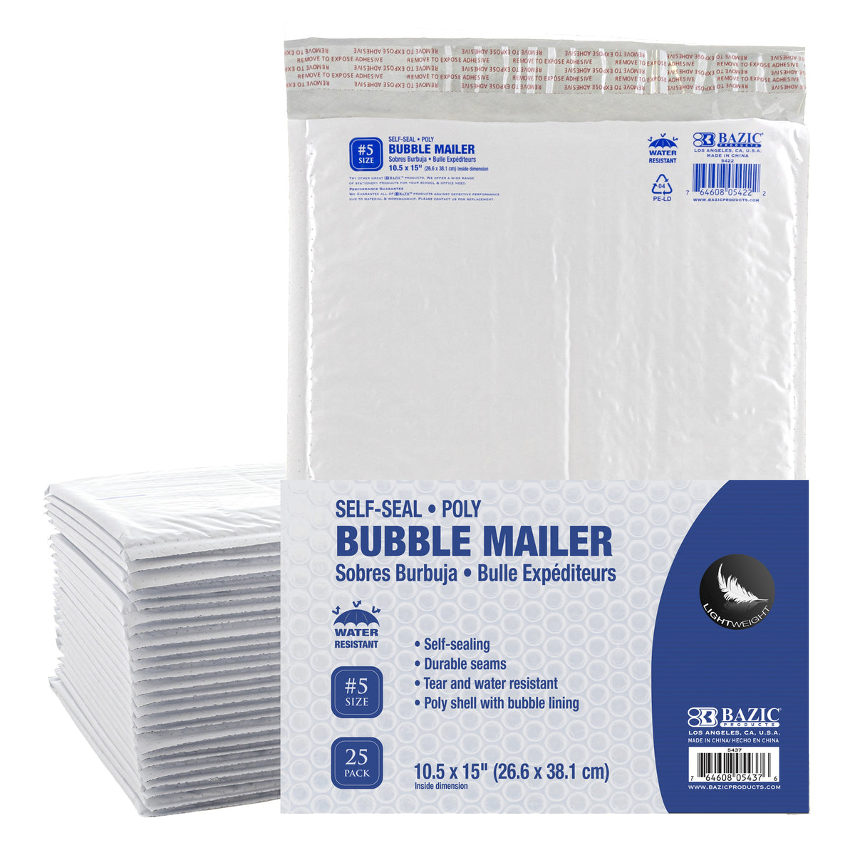 BAZIC #5 Poly Bubble Mailers, 10.5 x 15 in, Self-Seal