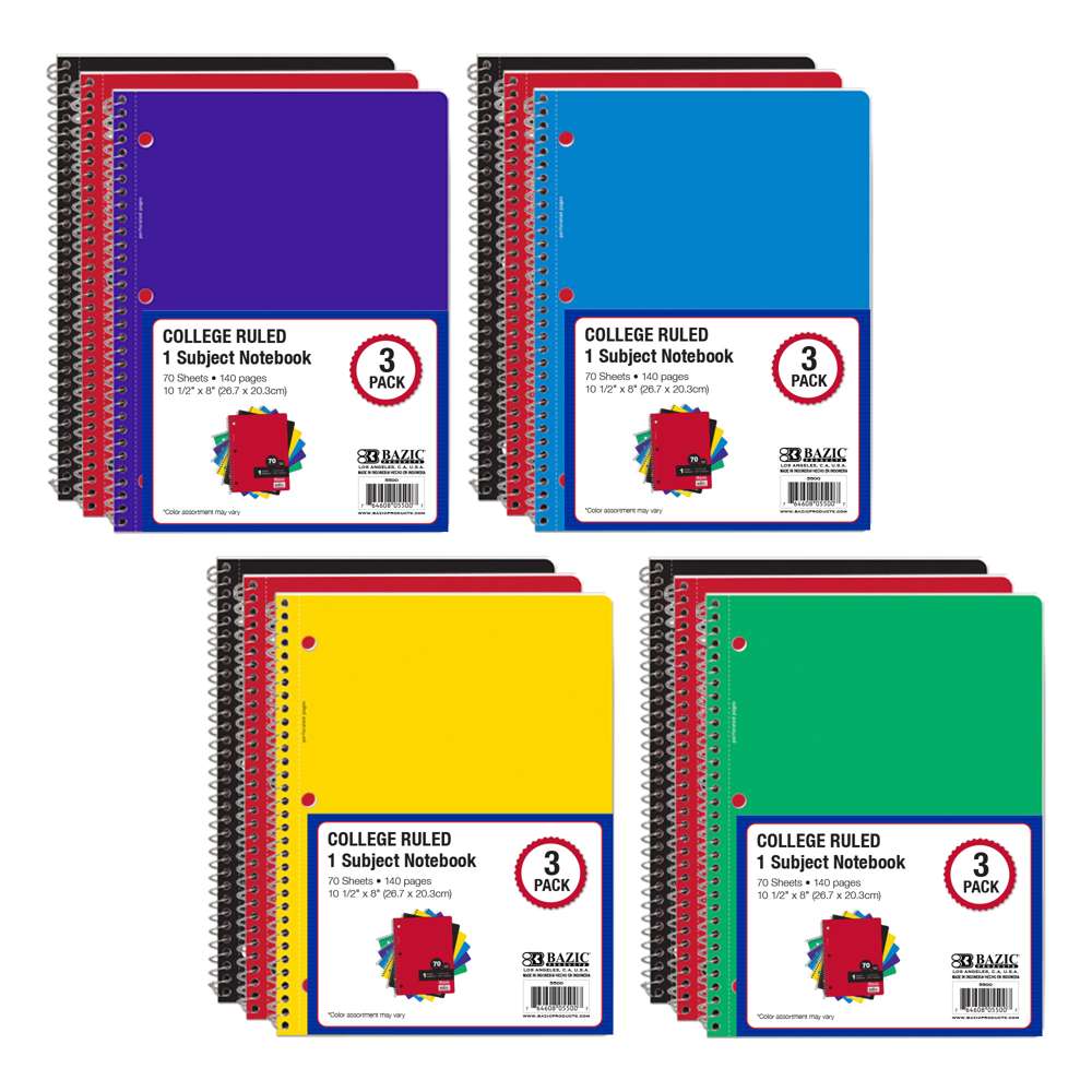 Notebook Spiral C/R 1-Subject 70 Sheets (3/Pack)