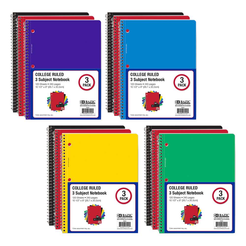 Notebook Spiral C/R 3-Subject 120 Sheets (3/Pack)
