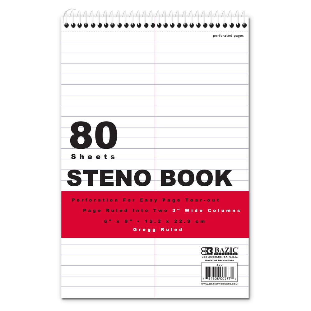 Steno Book Ruled White Paper Gregg 6" X 9" 80 Ct.