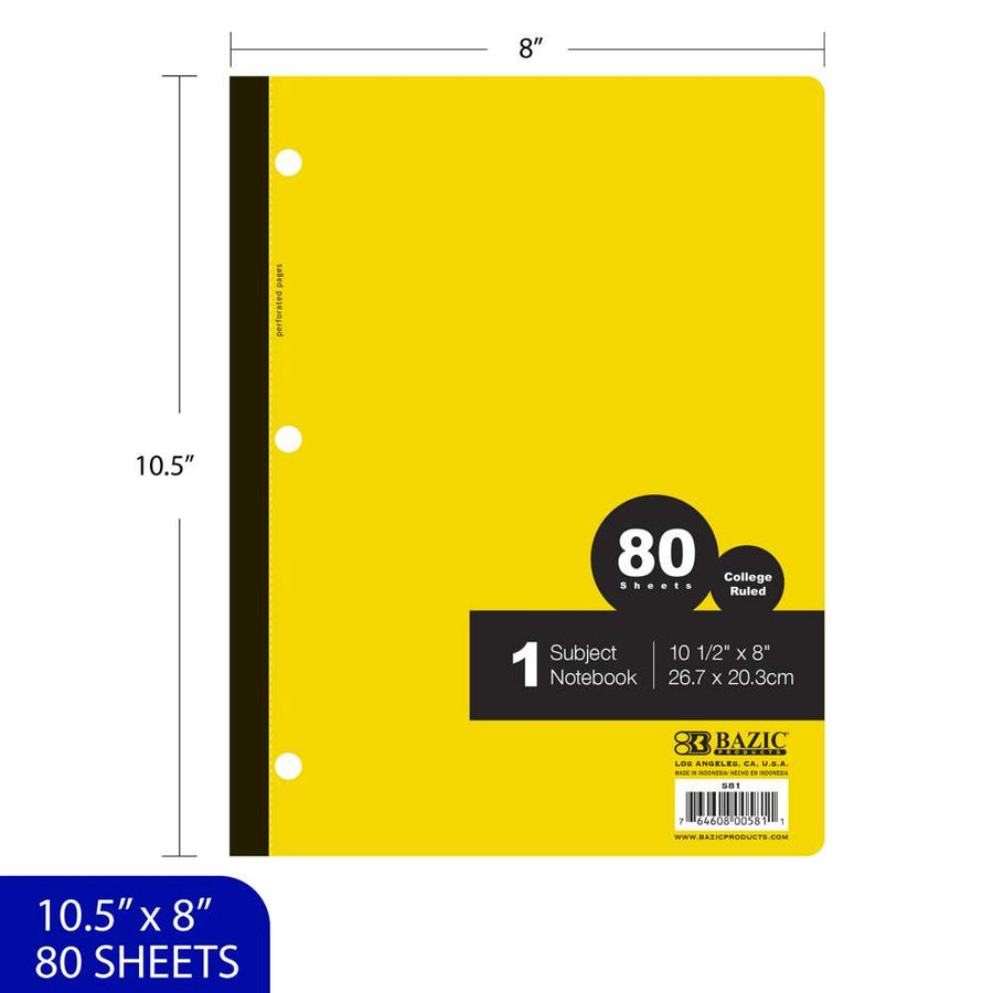 Wireless Notebook College Lined Ruled 1 Subject 80 Sheets, Assorted Color, 6-Pack