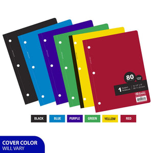 Wireless Notebook College Lined Ruled 1 Subject 80 Sheets, Assorted Color, 6-Pack