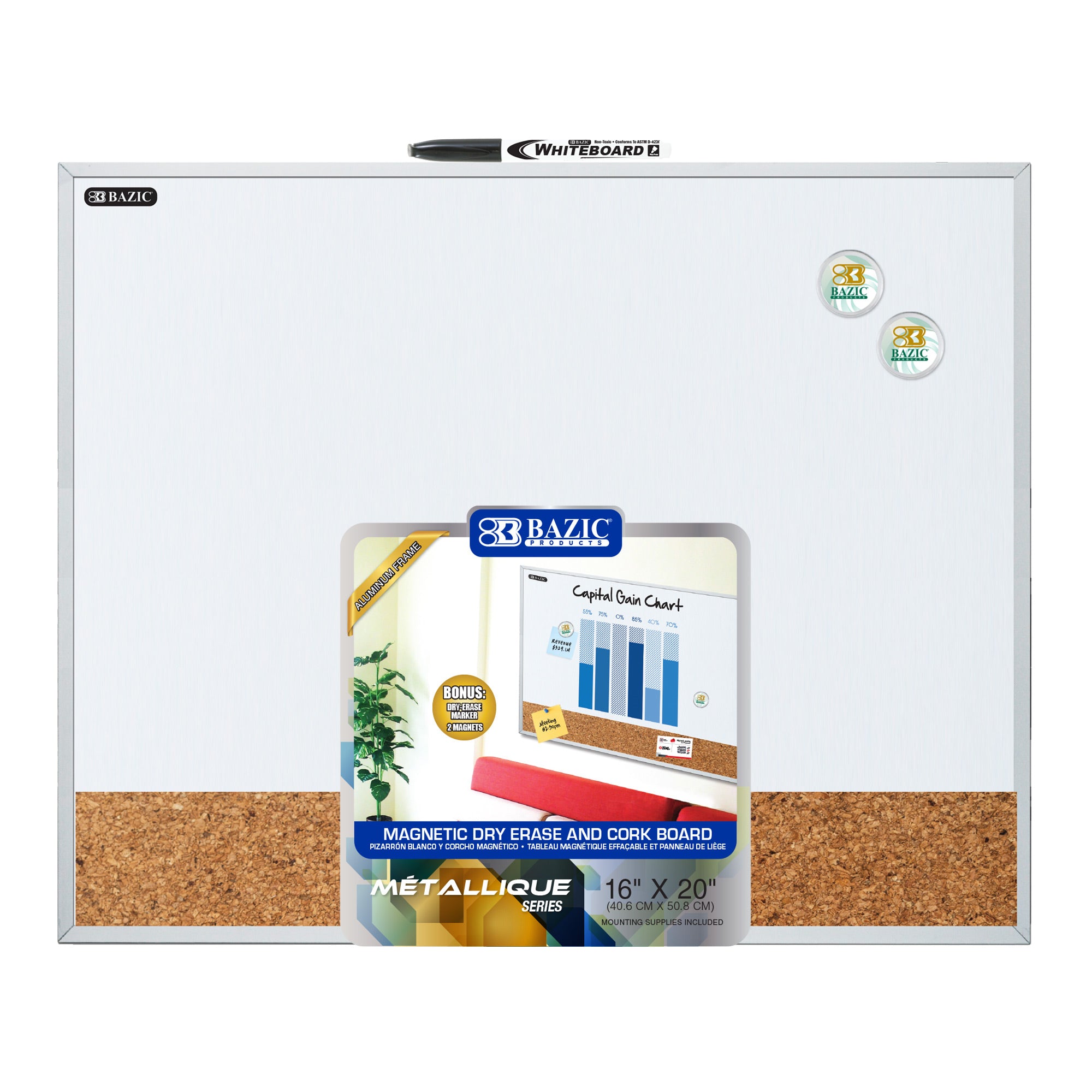 16" X 20" METALLIQUE Aluminum Frame Magnetic Dry Erase/Cork Combo Board