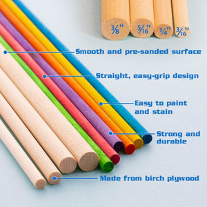 Wooden Dowel Round Multi-Colored 3/16" x 12" (15/Bag)