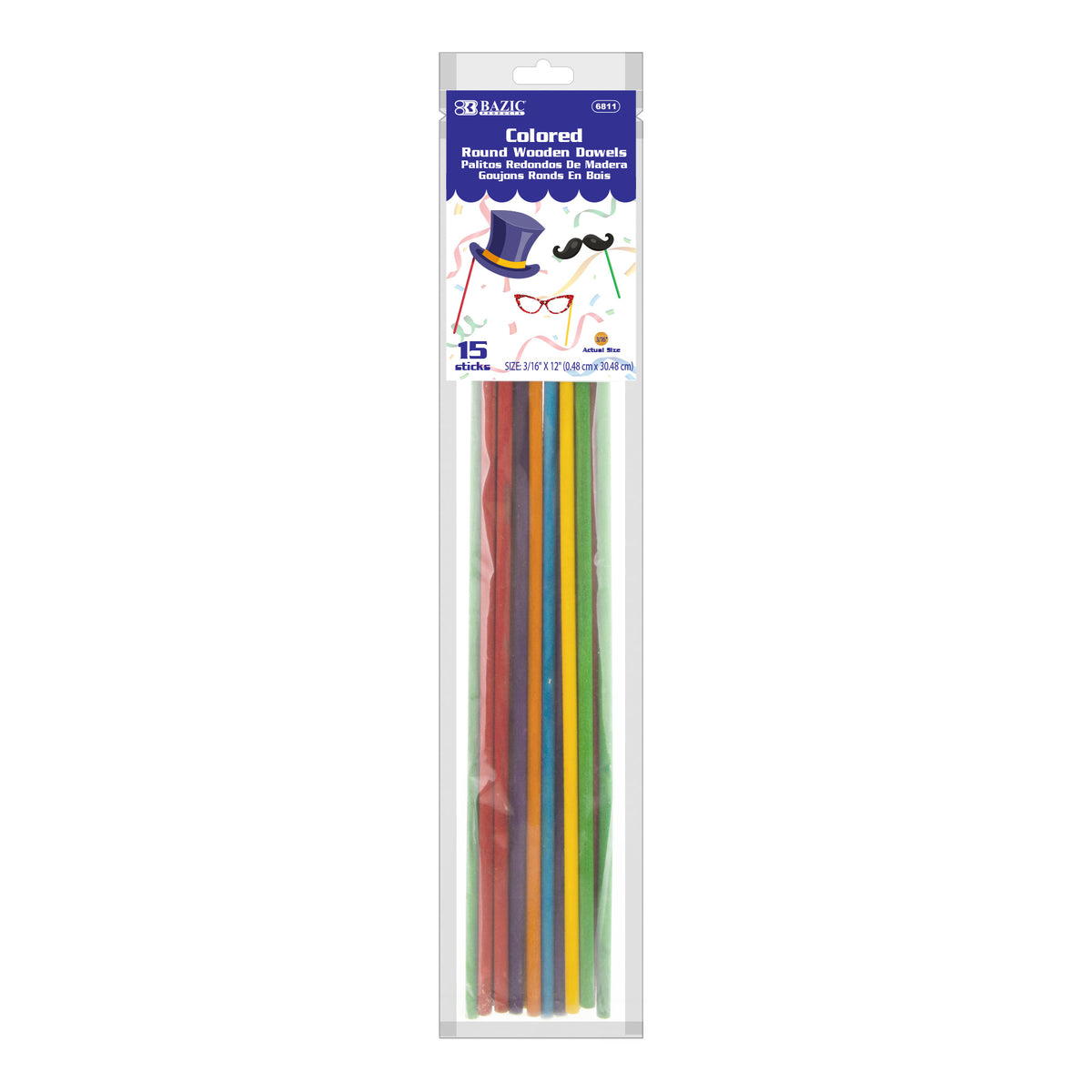 BAZIC Multi-Colored Birch Round Dowels, 3/16 x 12 in