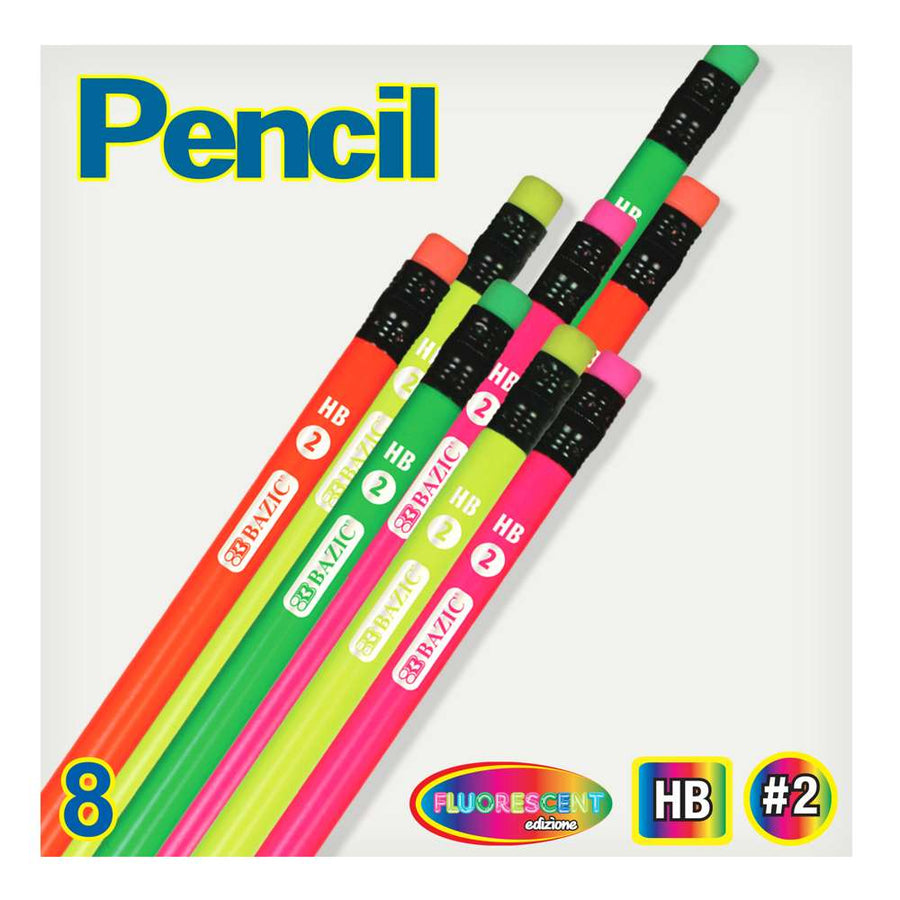 Wood Pencil w/ Eraser Fluorescent (8/pack)