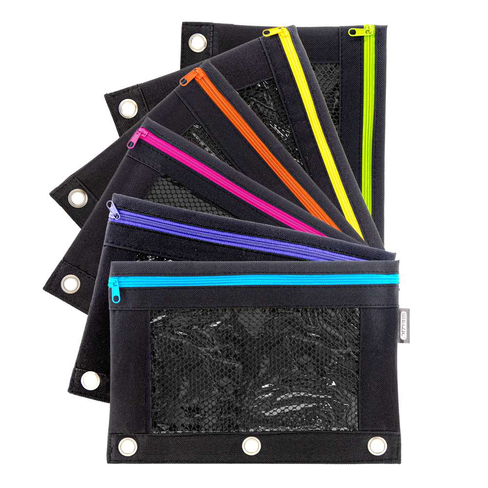 Bazic 3 Ring Pencil Pouch, Mesh Window, Neon Black Color, 24-Pack