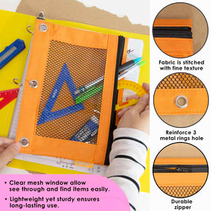 Pencil Pouch 3-Ring Retro Pastel Color w/ Mesh Window