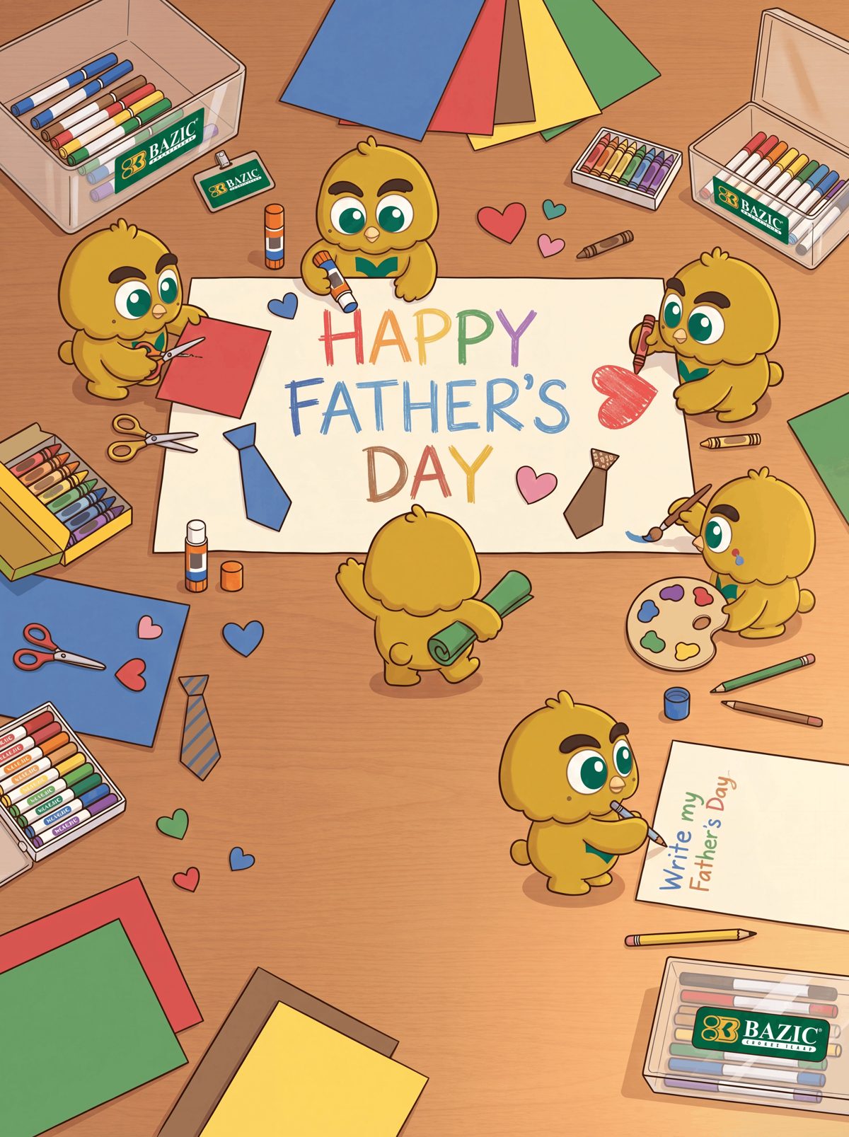Owzi and friends making Happy Father's Day cards with BAZIC supplies