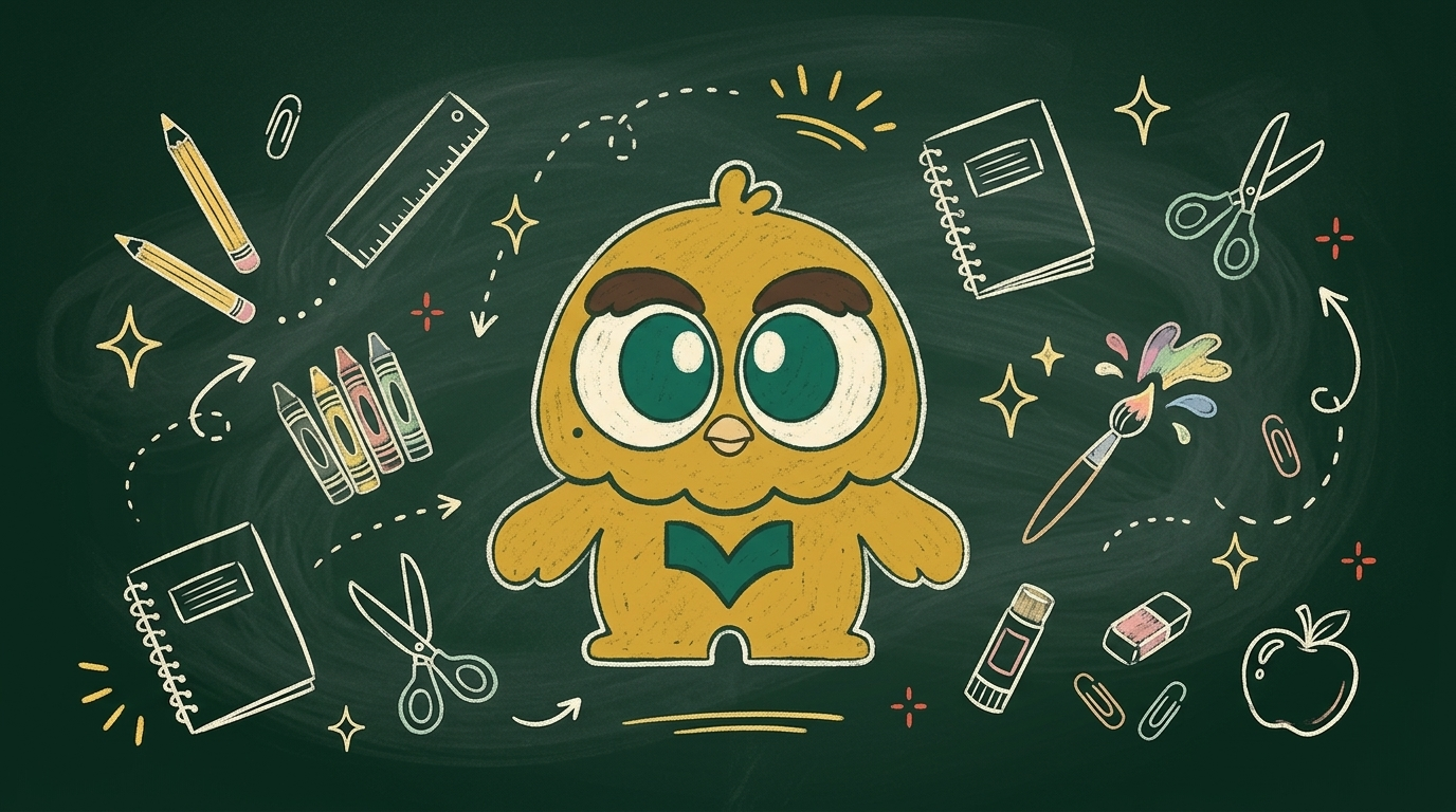 BAZIC mascot surrounded by school supplies