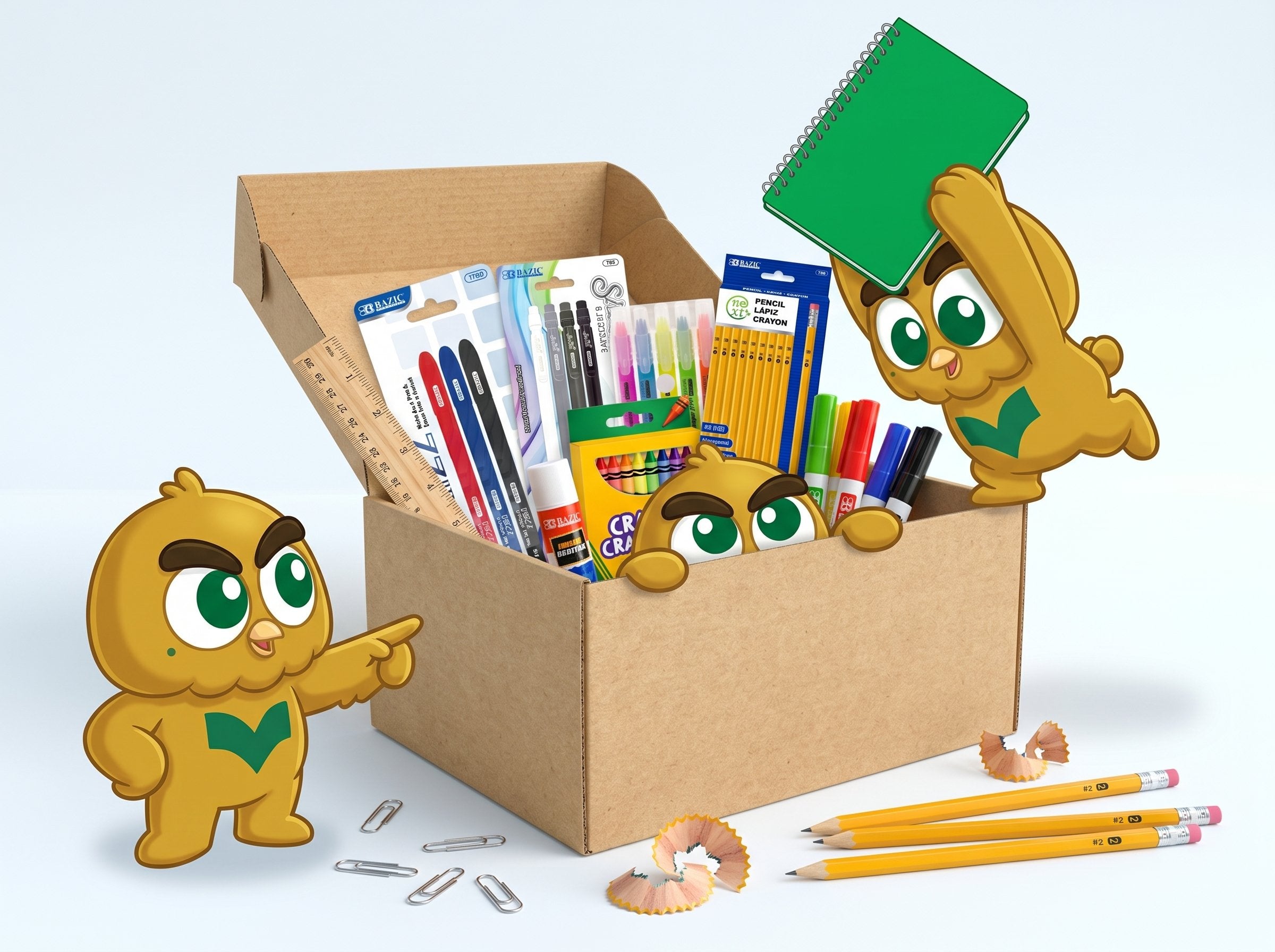 OWZI characters packing a box with every item from a school supply list