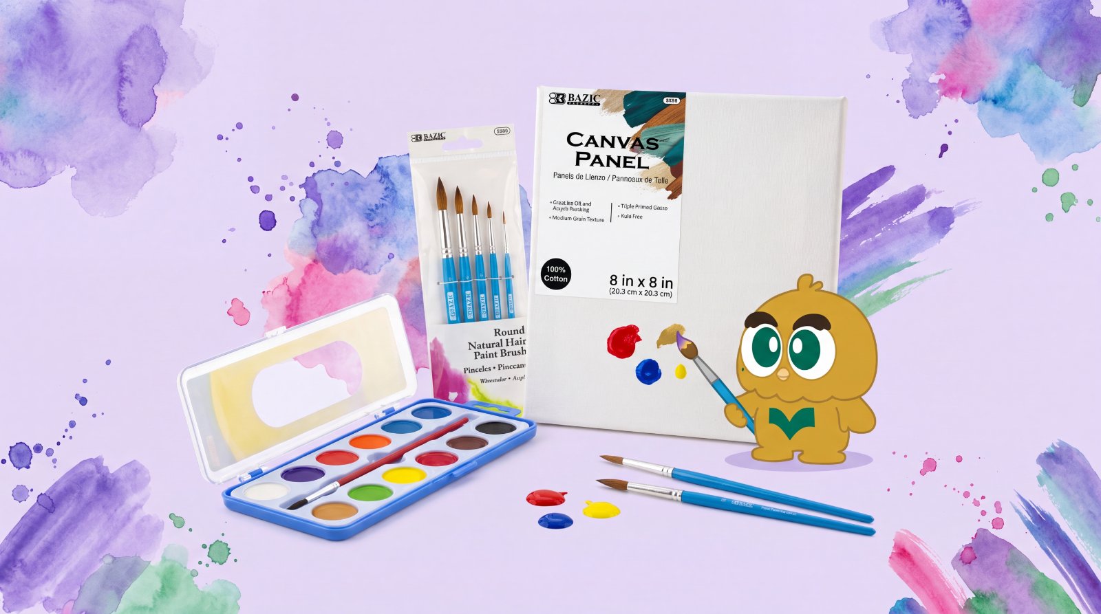 BAZIC art supplies — watercolor set, paint brushes, canvas panel
