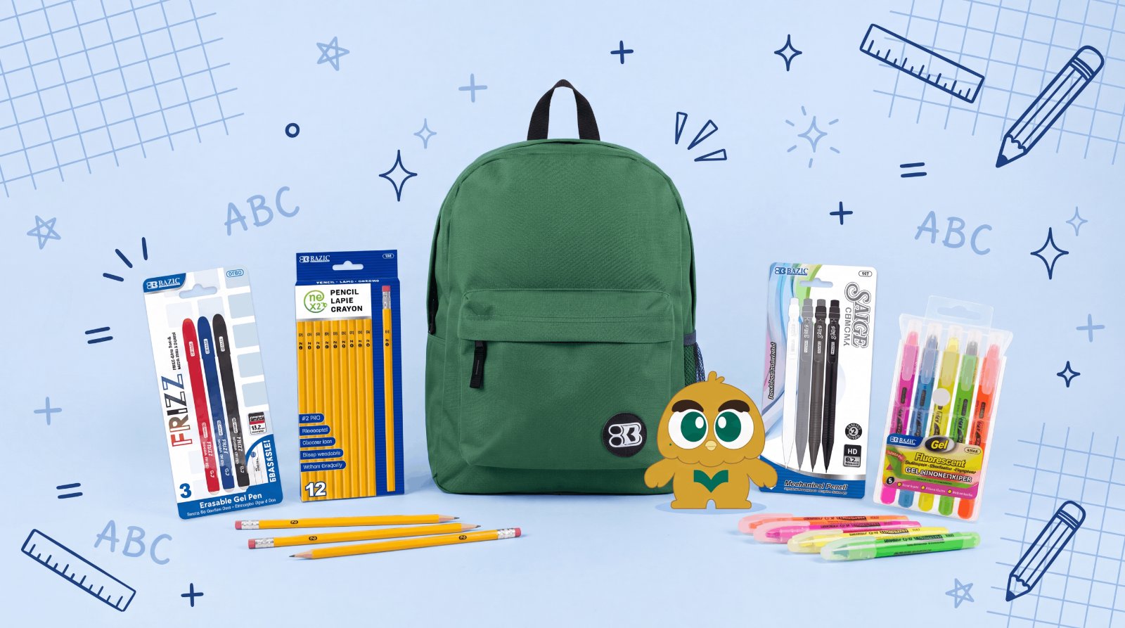 BAZIC school supplies — backpack, pencils, pens, highlighters