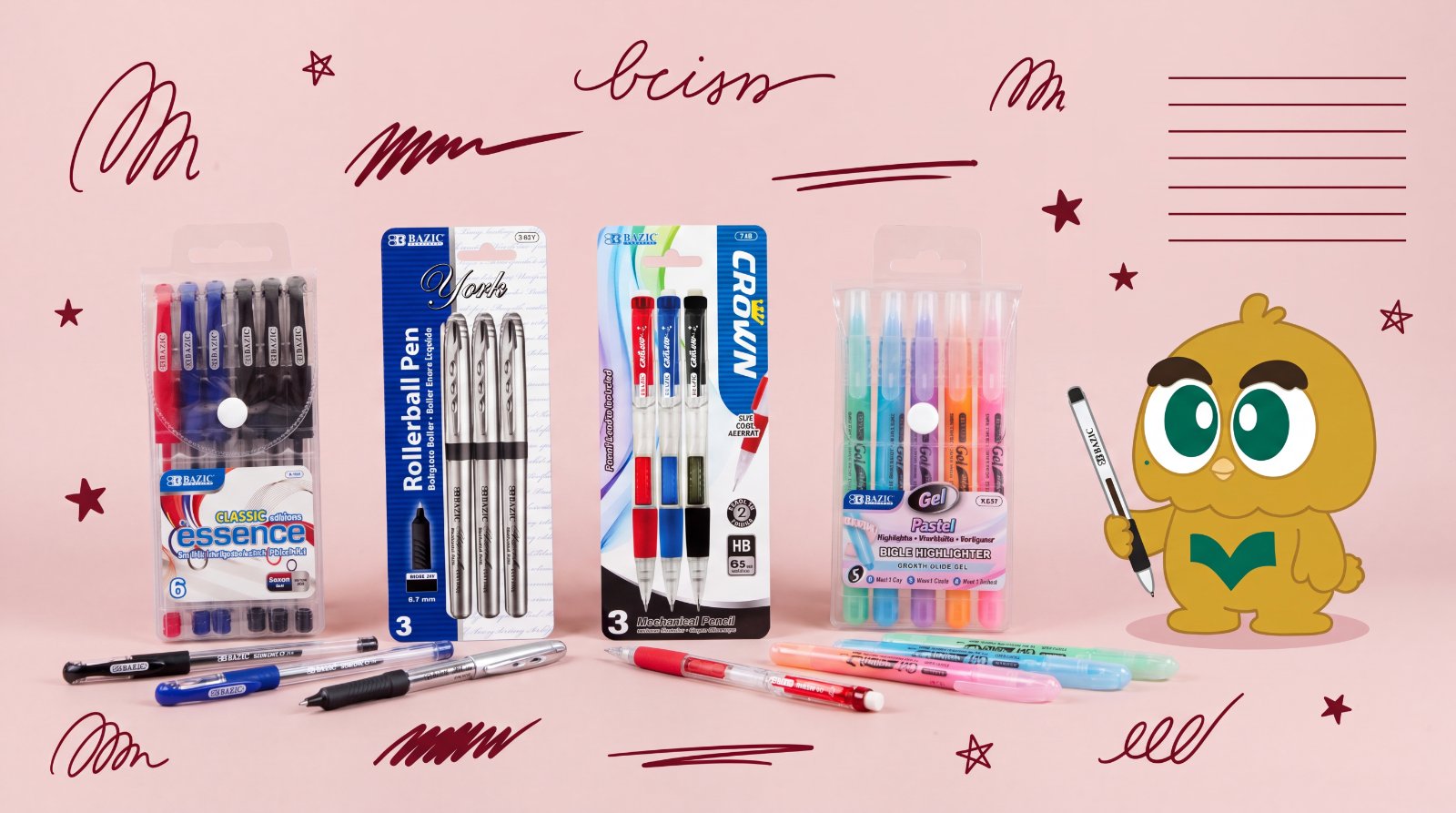 BAZIC writing supplies — gel pens, rollerball pens, mechanical pencils, highlighters