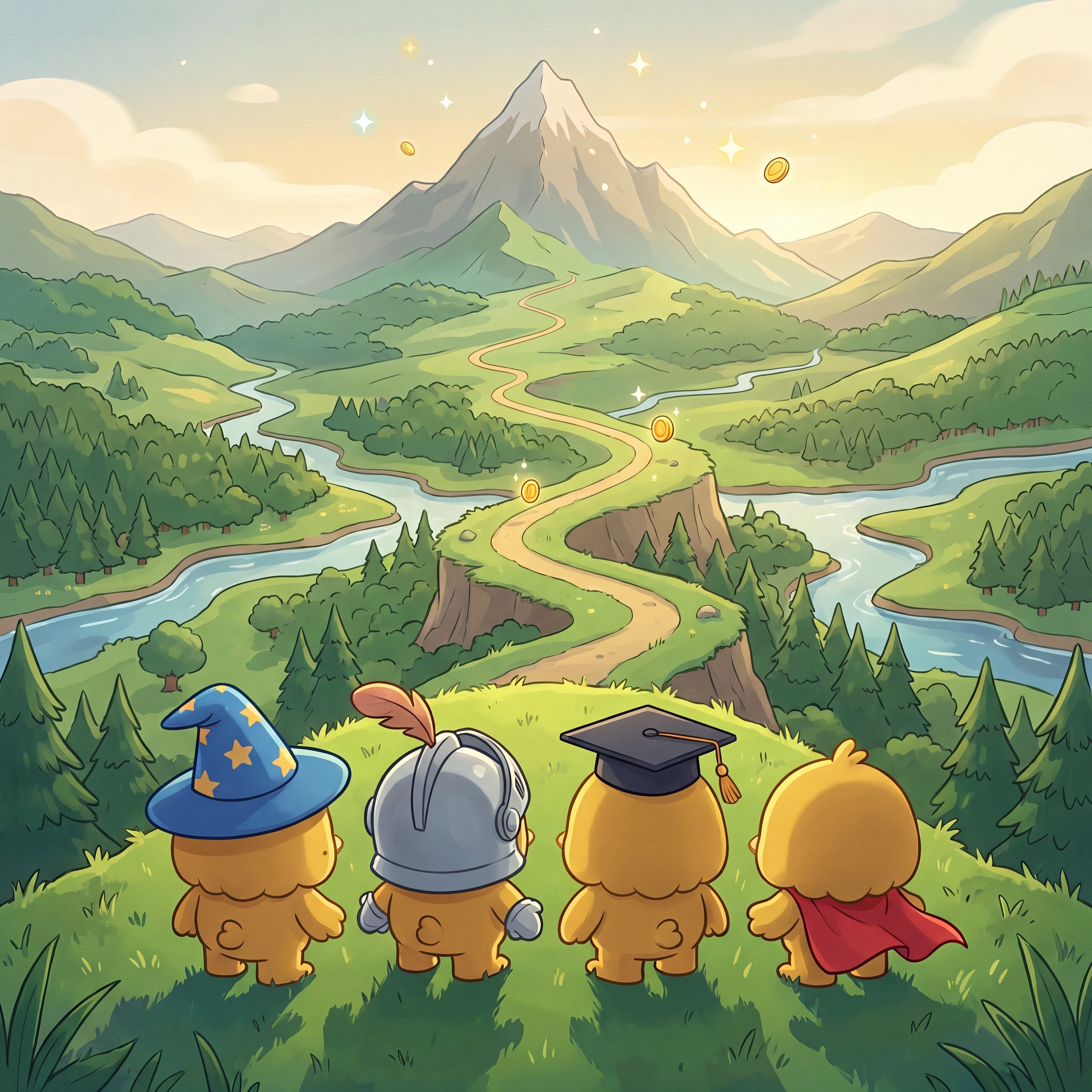 Four OWZI characters looking out over a valley with a trail of reward coins