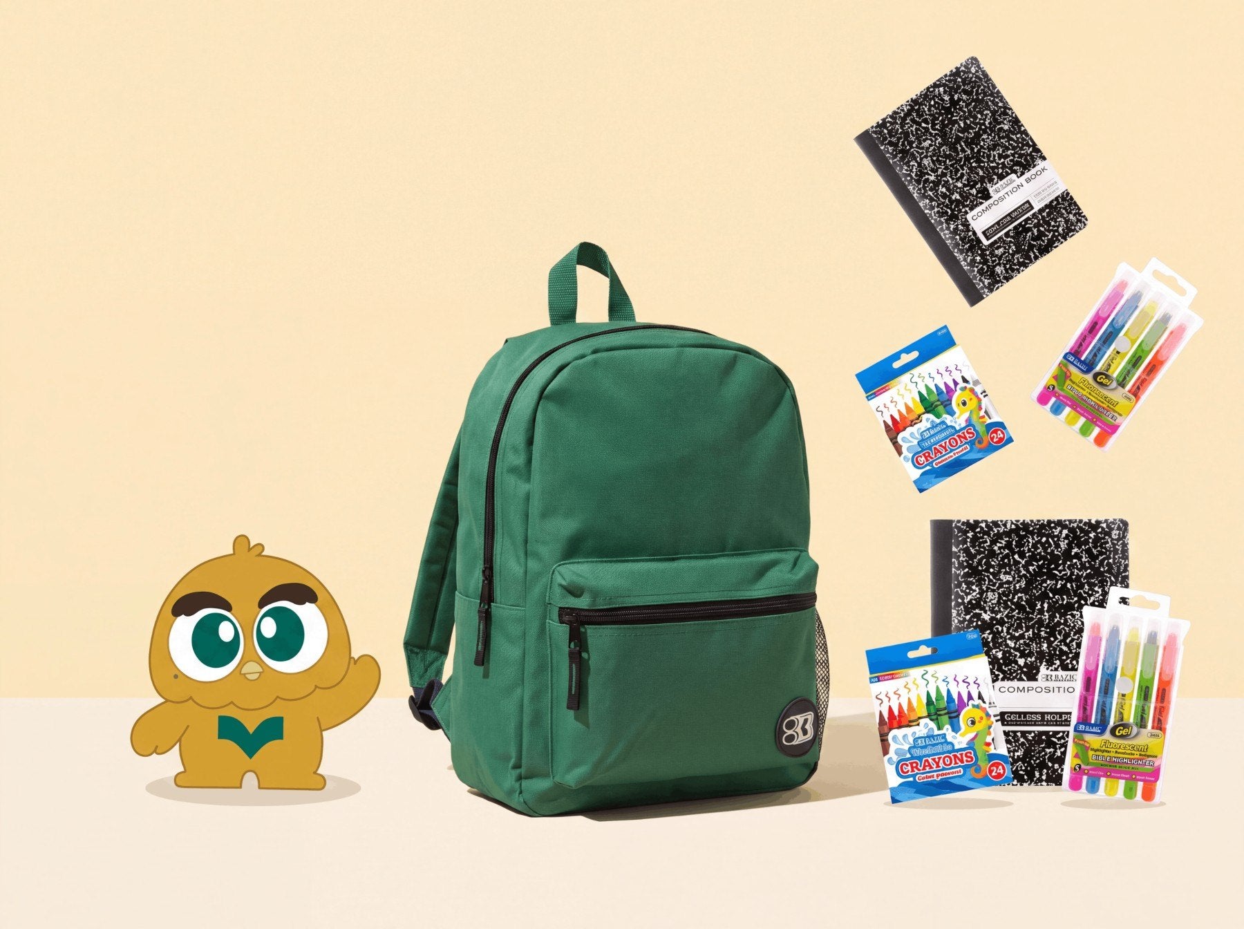 A green BAZIC backpack with the list floating around it — composition books, washable crayons and gel highlighters