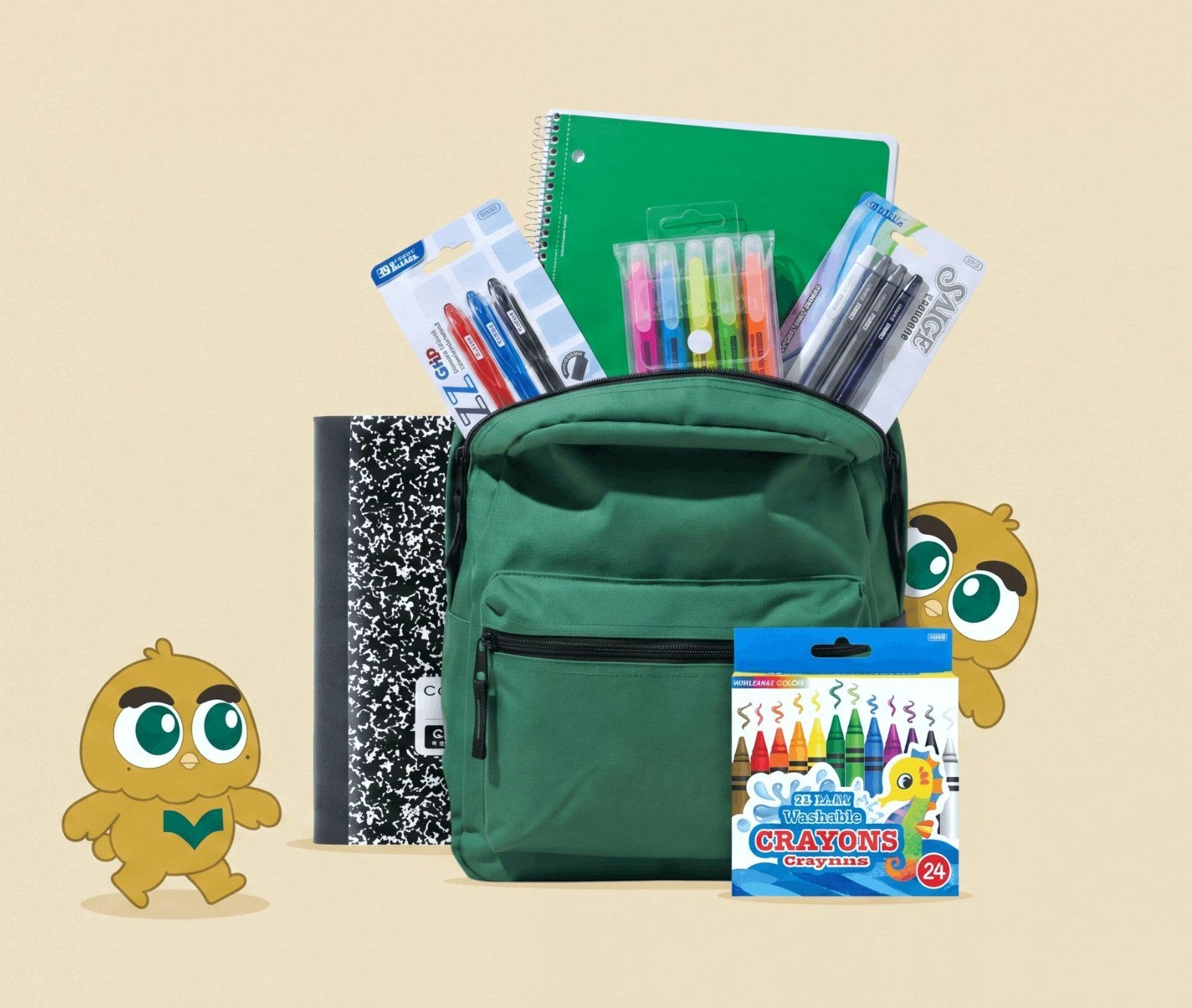 A BAZIC backpack packed with the list — spiral notebook, composition book, pens, highlighters and crayons