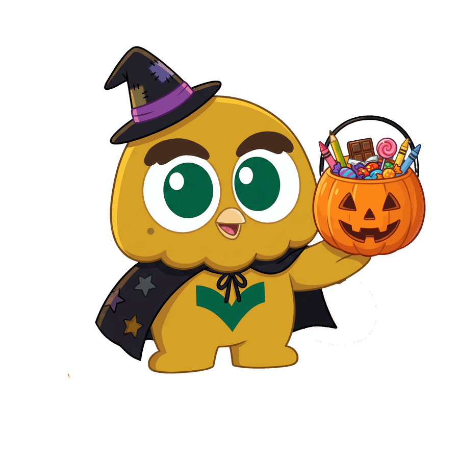 BAY-Z dressed as a witch, holding a jack-o'-lantern bucket of candy and crayons